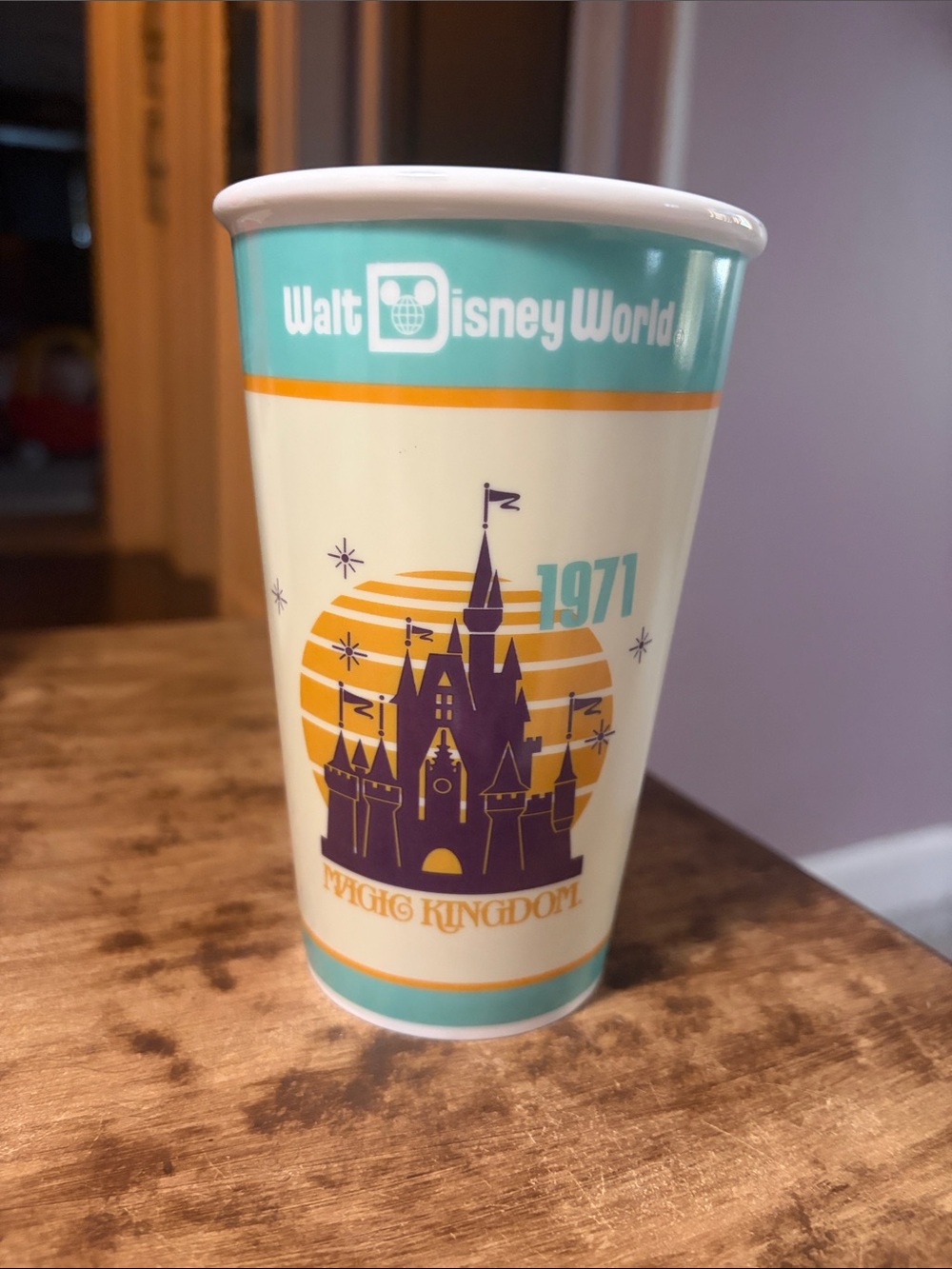 Disney Ceramic Tumbler with Teal, Cream & Gold Retro Magic Kingdom Graphic